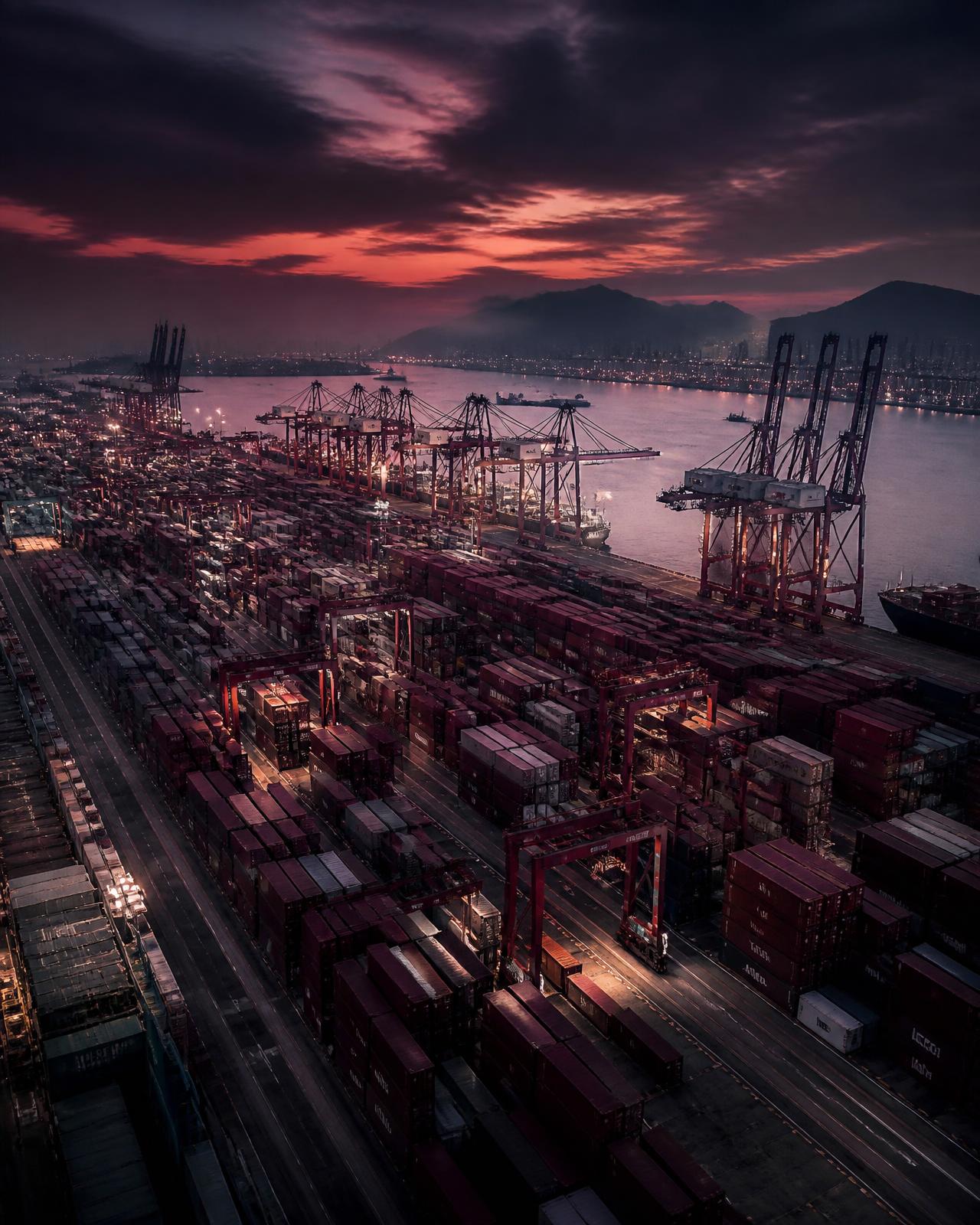 Container terminal at dusk with stacked shipping containers and gantry cranes