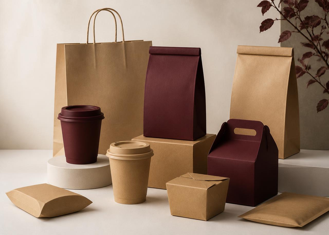 Custom branded coffee cups, boxes and paper bags in bordeaux and kraft